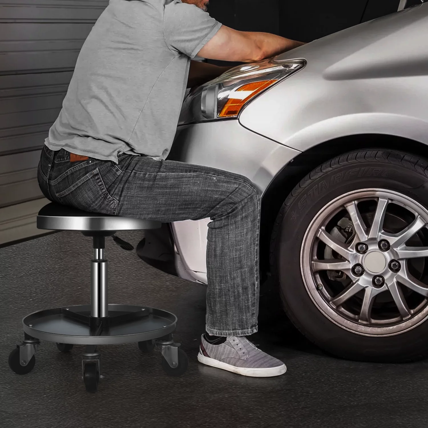 M-AUTO Heavy-Duty Adjustable Mechanic's Roller Seat Rolling Stool with Wheels & Tool Tray, 300 lbs Capacity - Black