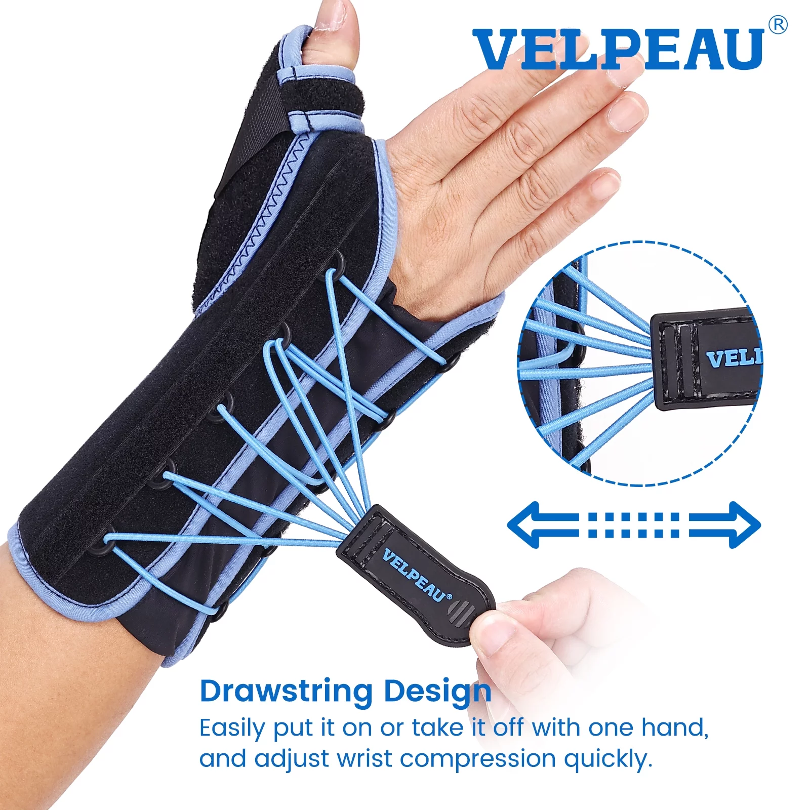 VELPEAU Wrist Brace with Thumb Spica Splint (Drawstring, Right Hand,Small)
