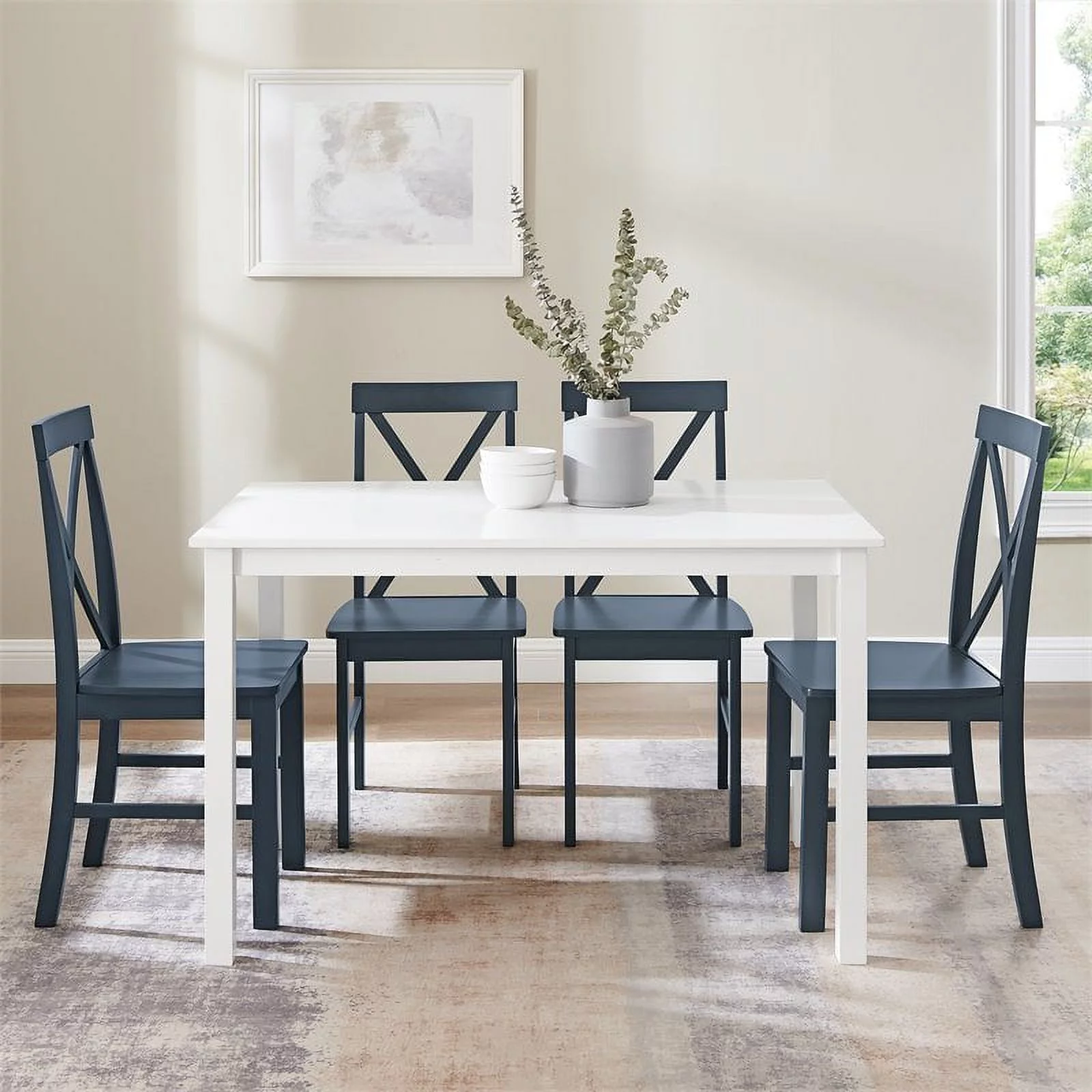 Walker Edison Greyson 5-Piece Farmhouse Engineered Wood Dining Set in White/Navy