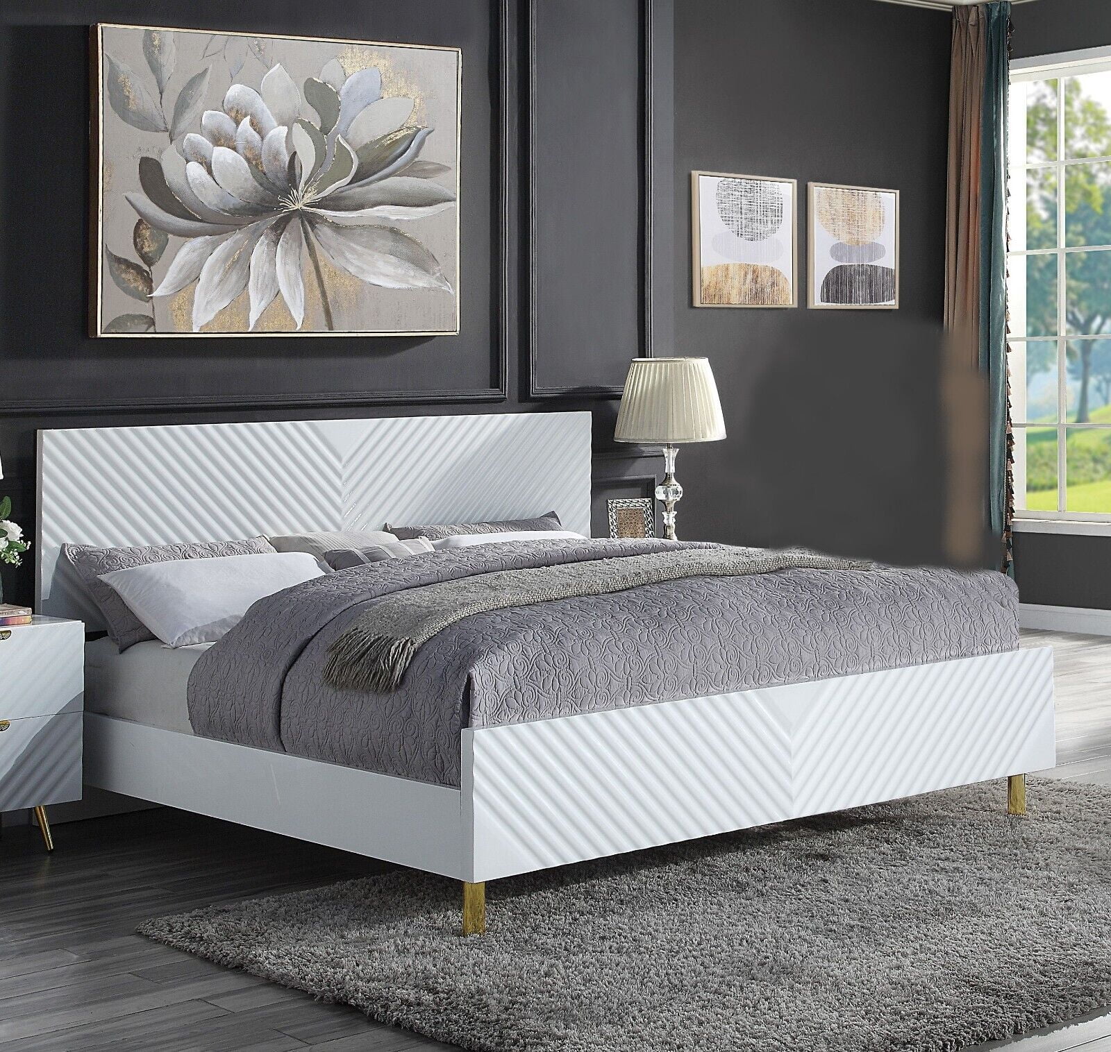 Glamorous Style White Gloss Finish 1pc Eastern King Size Bed Gold Metal Accents Legs Furniture