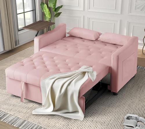 53-Inch Velvet Full Size Sleeper Sofa Couch with Pullout Bed,Convertible Pull Out with Golden Decorative Strip and Adjustable Backrest for Small Spaces,Apartment, Guest Room, RV (04Grey)