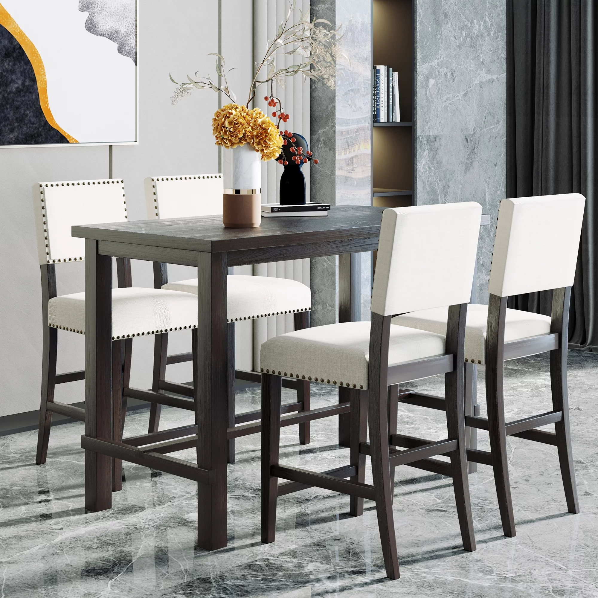 Bellemave Dining Table Set for 4, 5 Piece Counter Height Table Set with One Rectangle Table and 4 Cushioned Chairs, 5 Piece Dining Kitchen Table Set (Espresso and Beige)