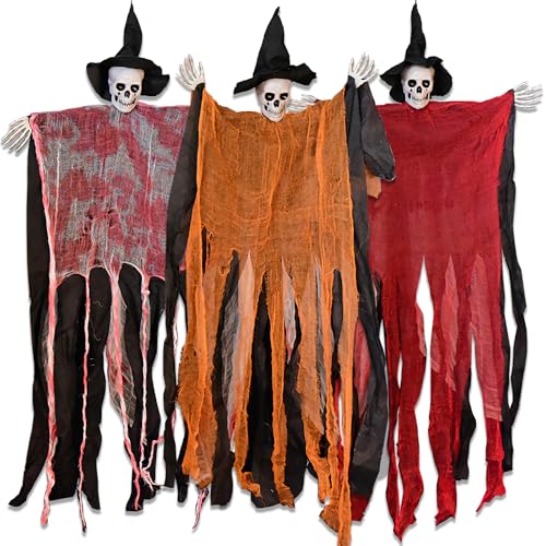 AONEGOLD 3 Pack Hanging Halloween Skeleton Ghosts Spooky Grim Reaper Decor for Outdoor Haunted House Halloween Party Decorations Flying Witch Props for Yard Indoor Scary Displays Gift.