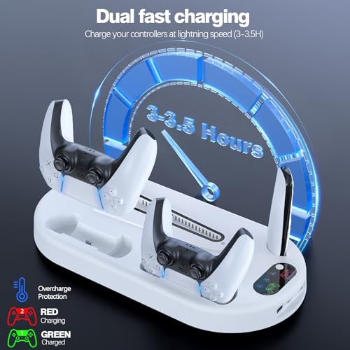 AMZDM Cooling Station PS5 Slim Stand PS5 Pro Cooling Fan with Charging Station PlayStation 5 Console Cooler with Docking Station Controller Charger PlayStation 5 Pro & Slim Disc & Digital White