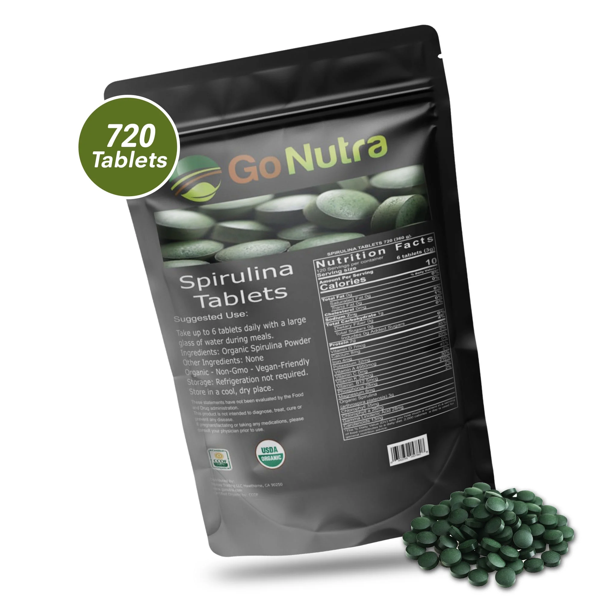 Spirulina Tablets Organic, 3000mg Per Serving | 720 Tablets | Superfoods | Go Nutra