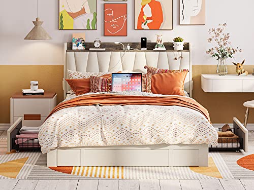ANCTOR Queen Bed Frame with 3 Drawers, Upholstered Platform Bed with Storage Headboard and Charging Station, No Box Spring Needed, Easy Assembly, Beige