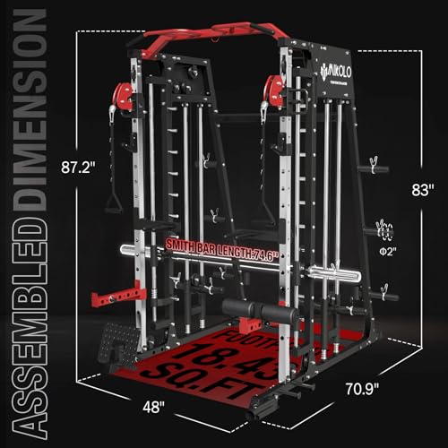 Mikolo Smith Machine, 2200lbs Squat Rack with LAT-Pull Down System & Cable Crossover Machine, Power Cage with Leg Hold-Down Attachment, Red