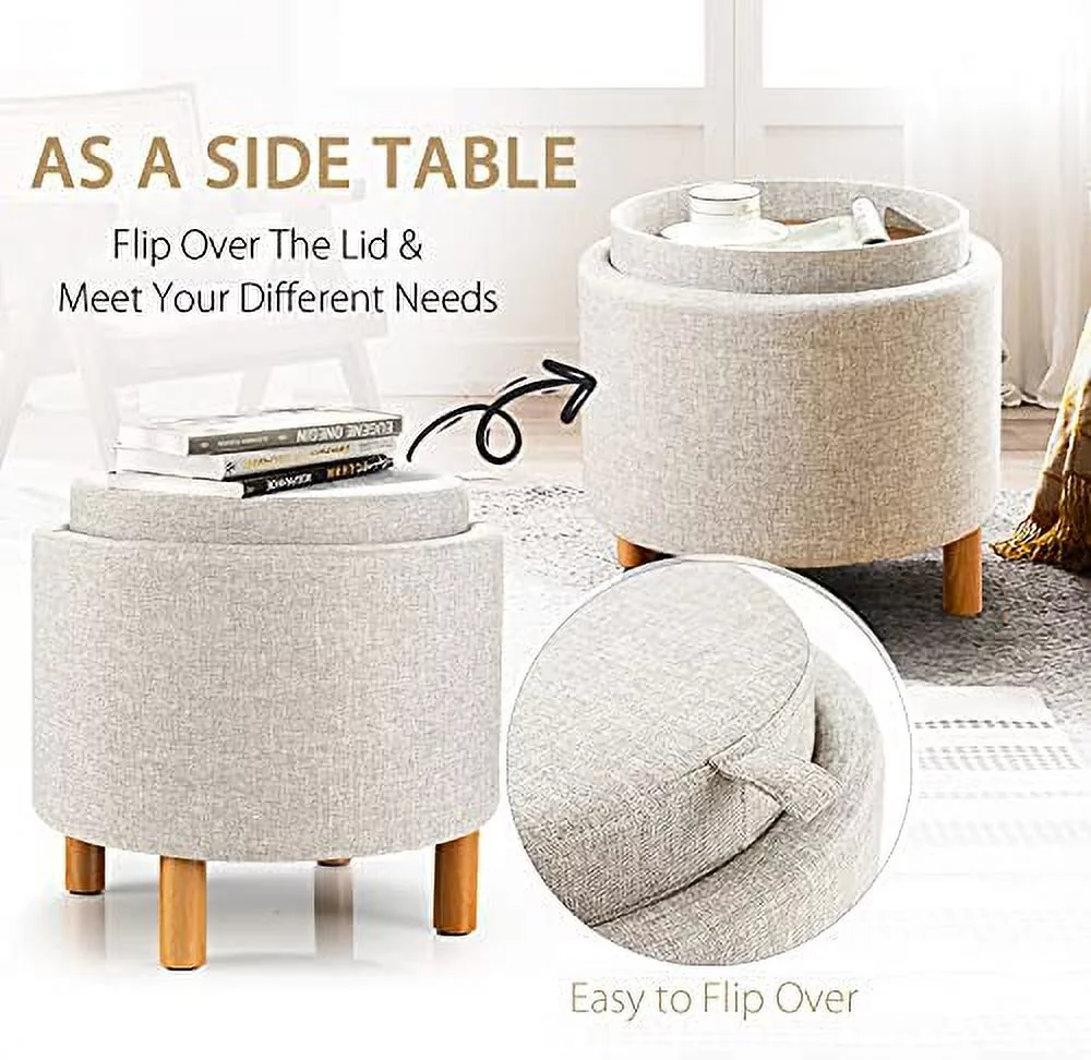 Round Storage Ottoman With Tray, Accent Storage Footstool W/ Soft Padding, Fabric Sitting Stool W/ Solid Wood Legs & Non-Slip Pads, Tray Top Coffee Table For Living Room, Bedroom (Beige)