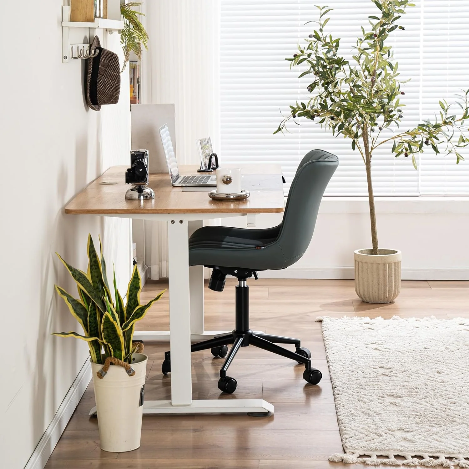 FJU Office Chair Swivel Desk Chair with Wheels Upholstered Faux Leather Height Adjustable Computer Task Chair Modern Rolling Armless Ergonomic Backrest, Pink, Loads 300 lbs