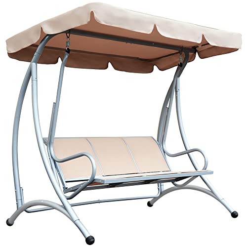Outsunny 3-Seat Outdoor Porch Swing Chair, Patio Swing Glider with Adjustable Canopy, Breathable Seat, and Steel Frame for Garden, Poolside, Backyard, Beige