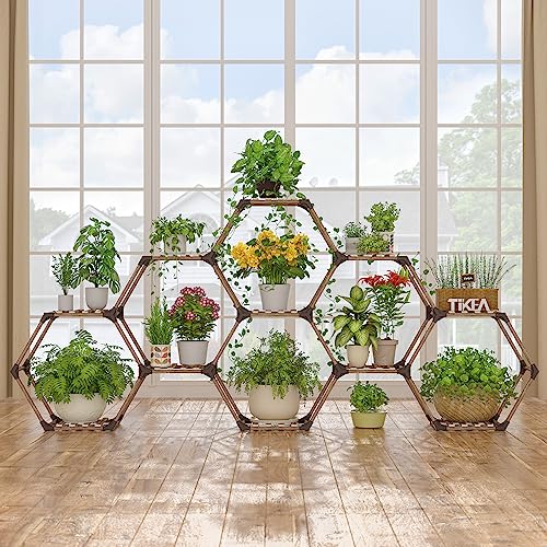 Tikea Plant Stand Indoor Hexagonal Plant Stand for Multiple Plants Indoor Outdoor Large Wooden Plant Shelf Creative DIY 6 Tiered Flowers Stand Rack for Living Room Balcony Patio Window