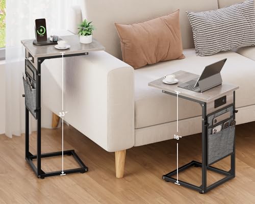 Vagusicc C Shaped End Table with Charging Station, Adjustable Height Side Table for Couch, Small Sofa Table with Storage Bag, Slide Under Sofa TV Tray Snack Arm Tables for Living Room, Bedroom, Brown