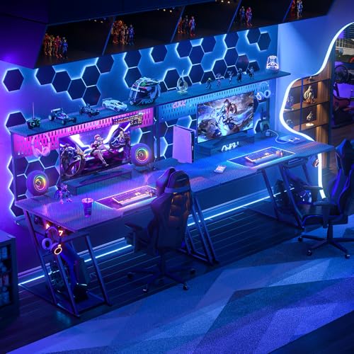 Armocity Gaming Computer Desk with Shelves and Outlets, Gaming Desk with Hutch and LED Lights, Reversible PC Gaming Desks with Pegboard, Carbon Fiber Black 47''