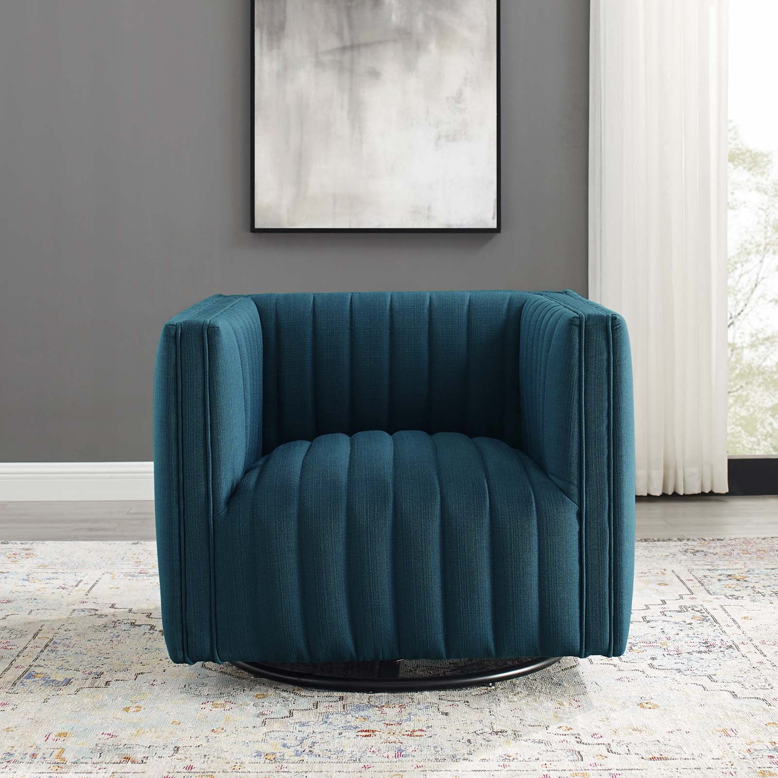 Modway Conjure Tufted Swivel Upholstered Armchair in Azure