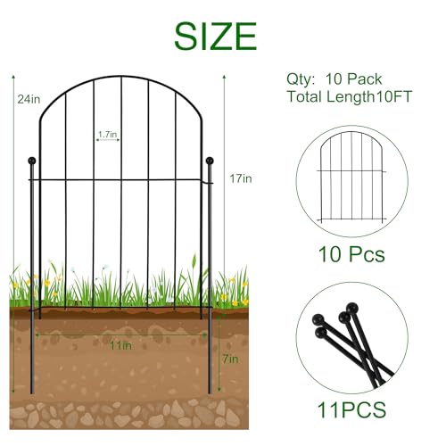 Garden Fence 10 Panels, 24 in(H) x 10 ft(L) Arched Rustproof Metal Garden Fence Border Animal Barrier for Dog Flower Edging for Yard Patio Outdoor