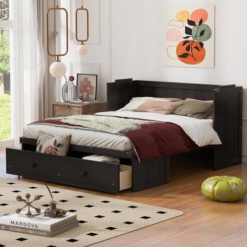 Harper & Bright Designs Queen Murphy Bed with USB Charging Station and Large Drawer, Wooden Queen Size Bed Wall Bed with Storage, Cube Cabinet Bed for Home Office Guest Room Bedroom,Espresso
