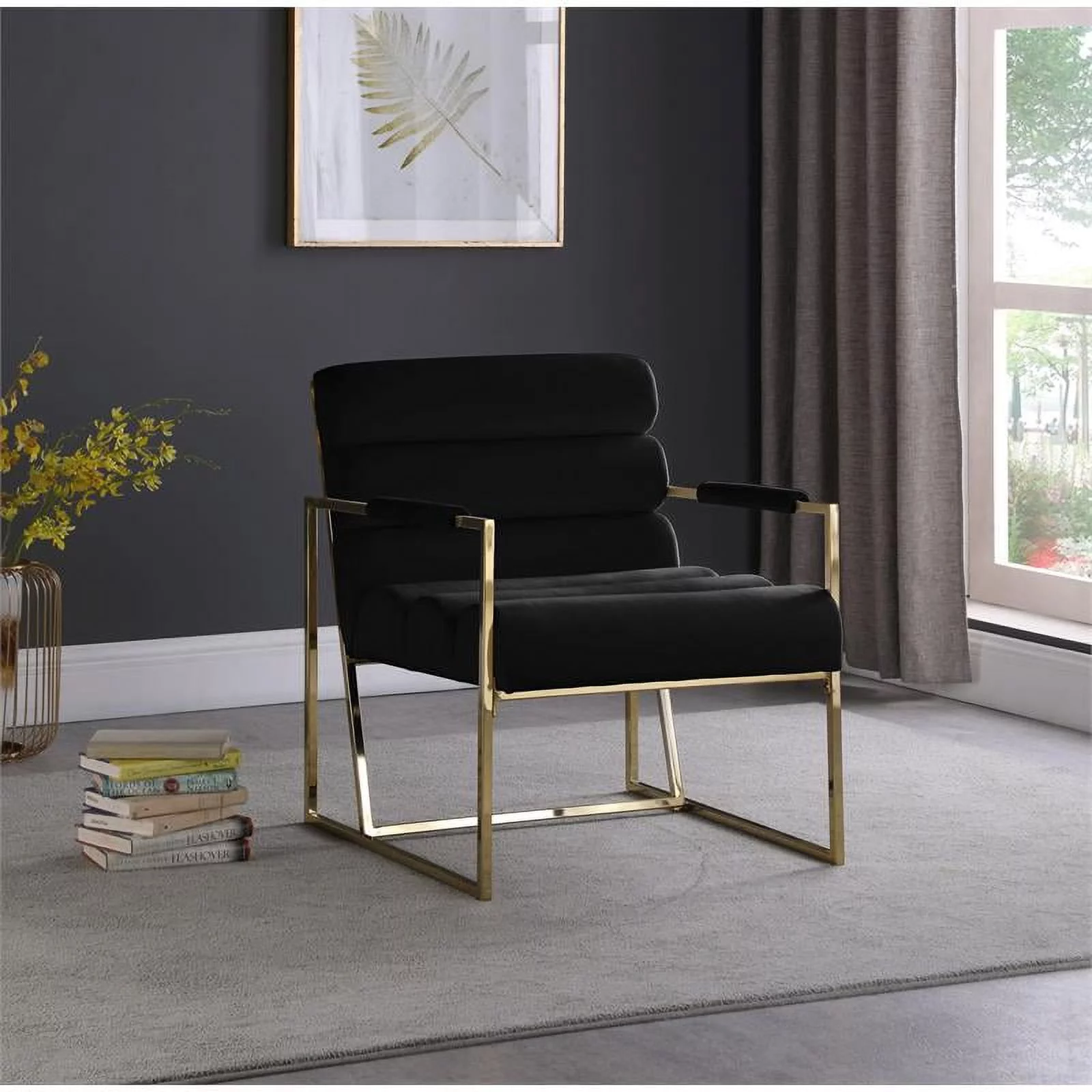 Home Square Zayne Black Velvet Accent Chair with Gold Iron Frame - Set of 2
