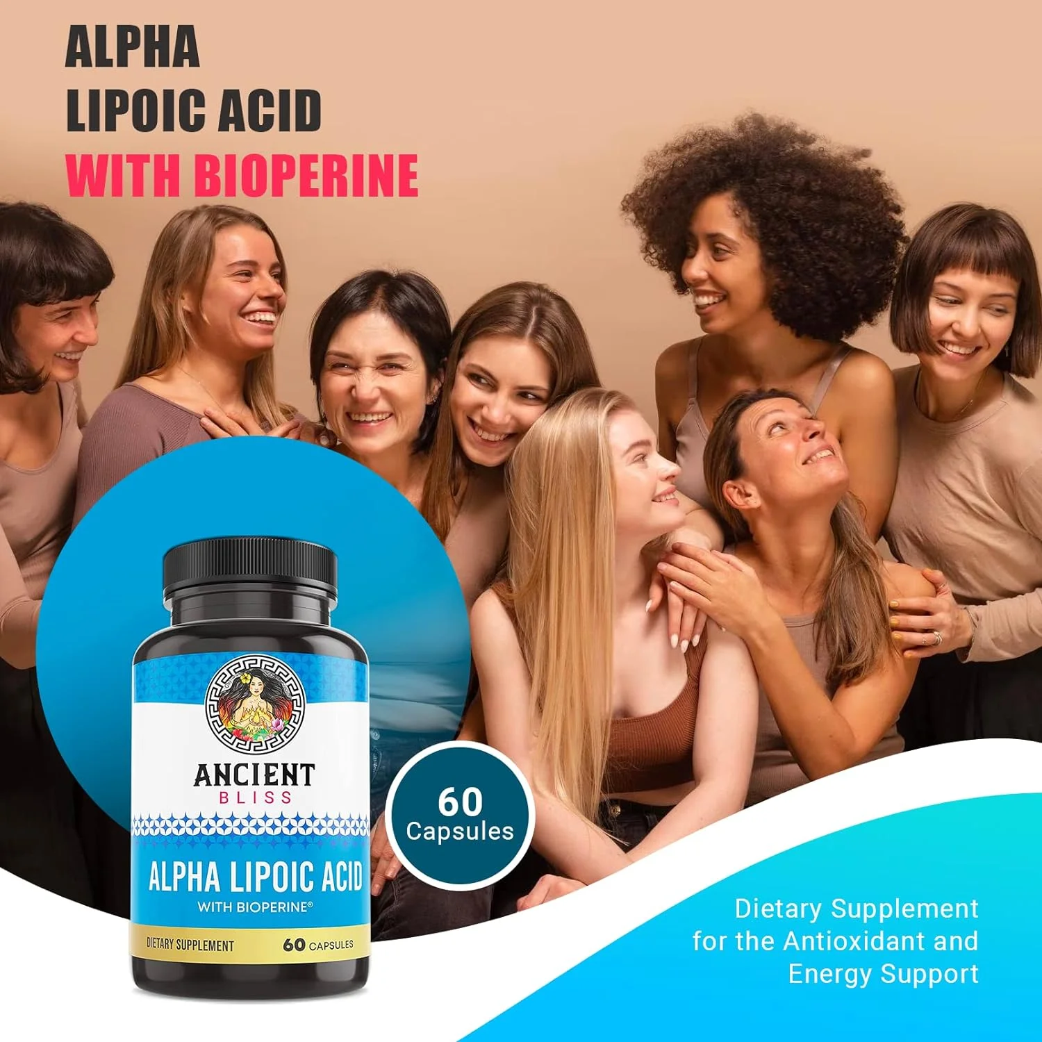 Ancient Bliss Alpha Lipoic Acid Supplement, Antioxidant and Energy Support, Herbal Ingredients, No Gluten or Soy, 600mg per Serving, 60 Vegan Capsules