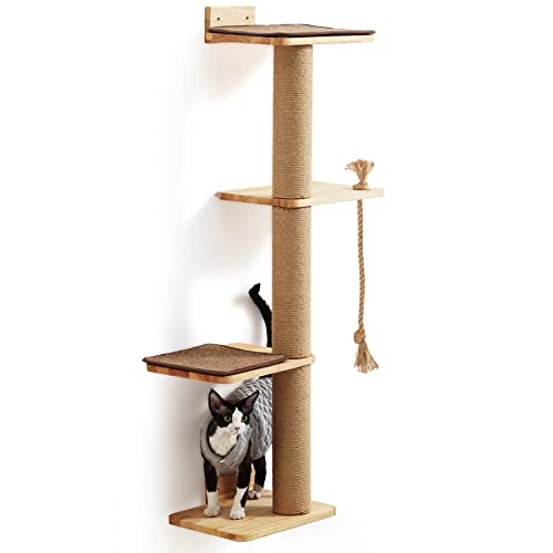 FUKUMARU Cat Scratching Activity Tree Wall Mounted, 50 Inch Cats Scratch Post, with Kitten Bed, Rubber Wood Scratcher Posts, Large