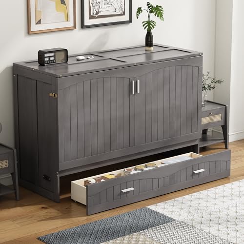 Harper & Bright Designs Queen Size Murphy Bed Cabinet, Solid Pine Wall Bed Chest with USB, Charging Station and Large Storage Drawer for Home Office or Small Room - Espresso