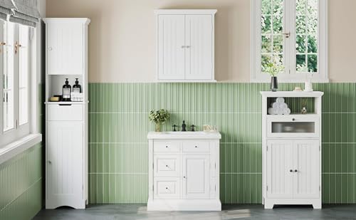 ChooChoo Bathroom Floor Storage Cabinet with Flip Glass Drawer, Freestanding with 2 Doors, Adjustable Shelf & 1 Open Storage for Living Room, Hallway, Navy Blue