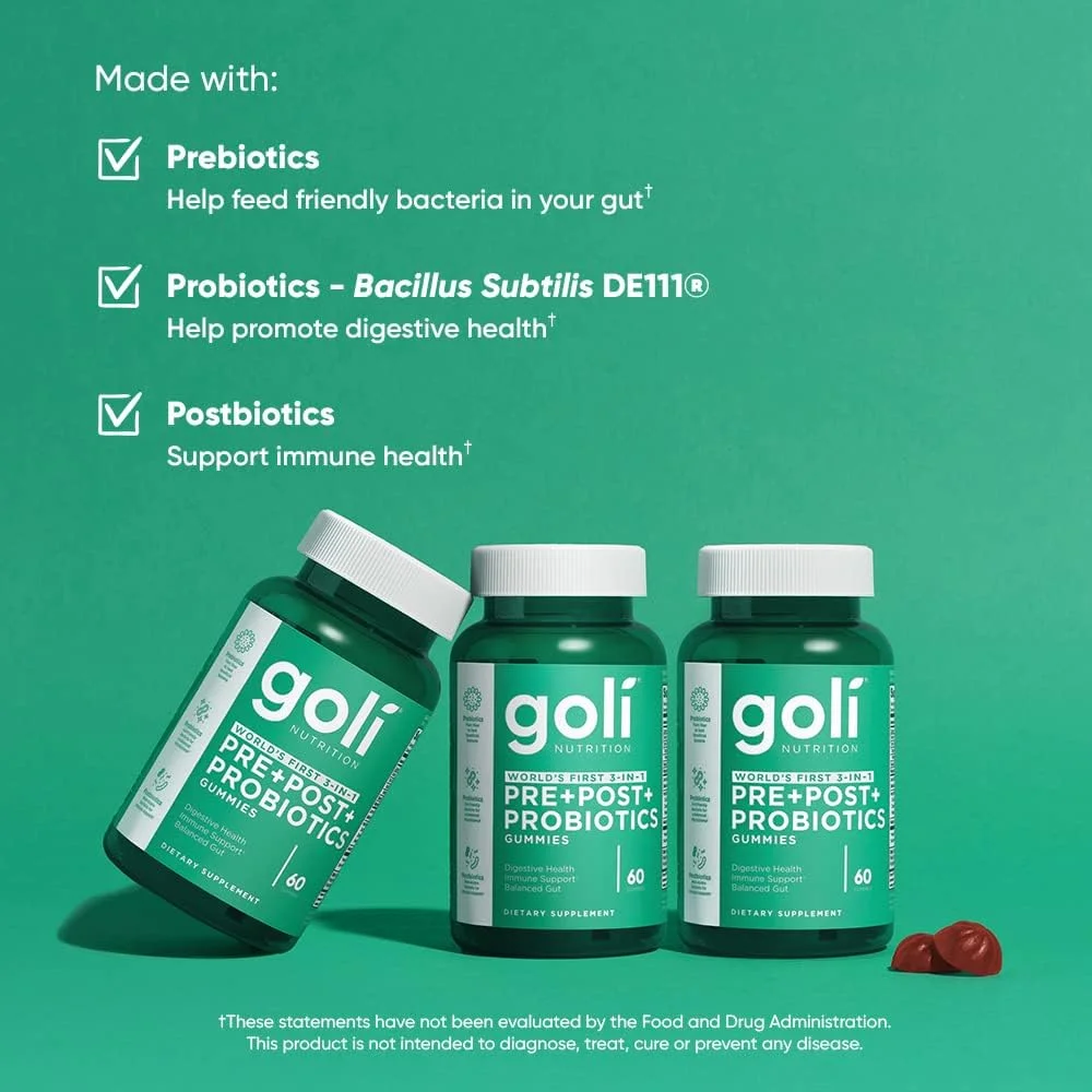 Goli Nutrition Tribiotic Gummies, Pre + Post + Probiotics, 60 Count, Unisex