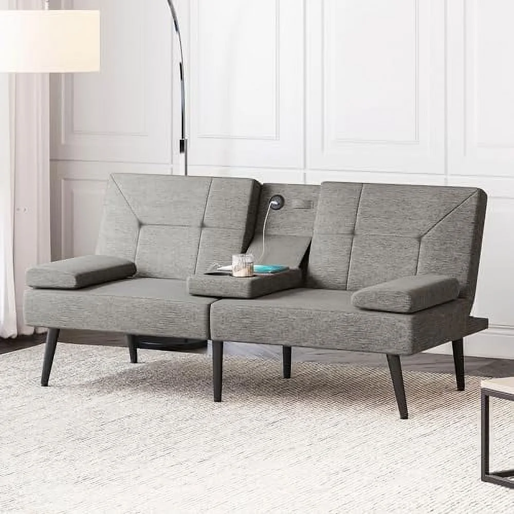 HOOMZNB Futon Sofa Bed  Comfy Couch Convertible Sofa Bed with 2 USB Ports  Removable Armrests and Adjustable Backrest  Modern Loveseat Sofa for Living Room  Small Space - Madison (Black F