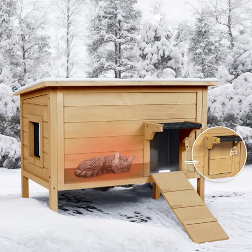 BRIOPAWS Outdoor-Cat-House-Insulated | Feral-Cat-Shelter for Winter | Weatherproof | Large Wooden Pet House for Multiple Cats | Foldable Ladder | Acrylic Side Window | Grey