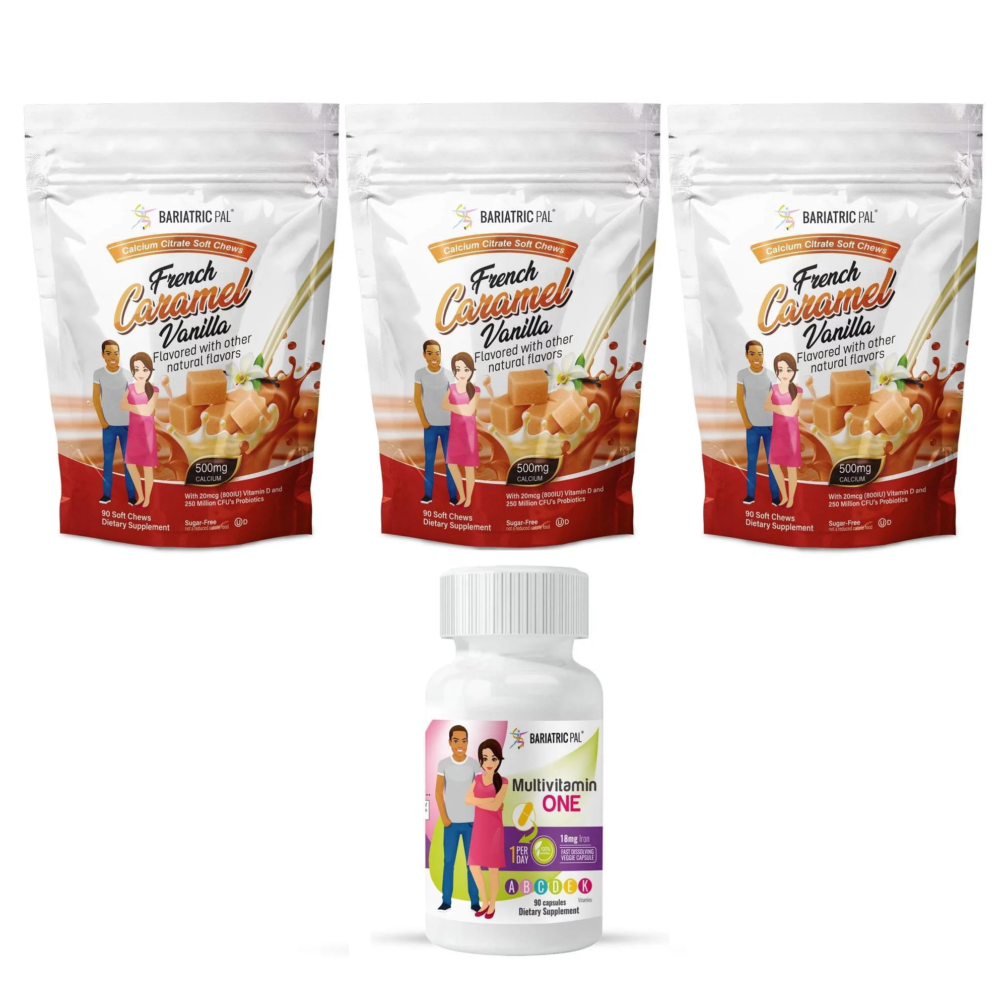 Gastric Bypass Complete Vitamin Pack - Capsules Size: 3-Month Supply, BariatricPal Multivitamin ONE: Capsule with 18mg Iron, BariatricPal Calcium Citrate Soft Chews: French Vanilla Caramel