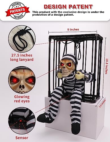 Screaming Animated Halloween Decorations, Halloween Decor Prop with Motion Sensor, Scary Skull Cage Prisoner Haunted House Decor, Spooky Hanging Ghost Halloween Decorations Outdoor Indoor