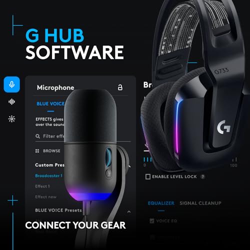 Logitech G733 Lightspeed Wireless Gaming Headset, Suspension Headband, Lightsync RGB, Blue VO!CE Mic, PRO-G Audio – Black, Gaming Headset Wireless, PC, PS5, PS4, Switch Compatible