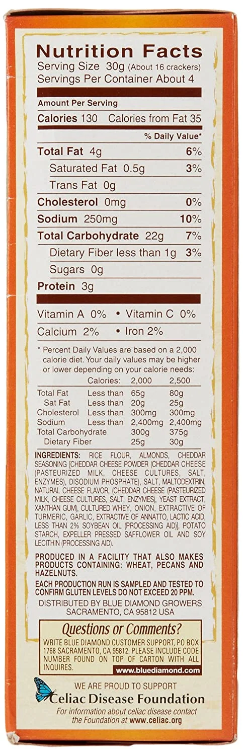 Blue Diamond Almond Nut-Thins Nut & Rice Cracker Snacks Cheddar Cheese 4.25 oz Pack of 4