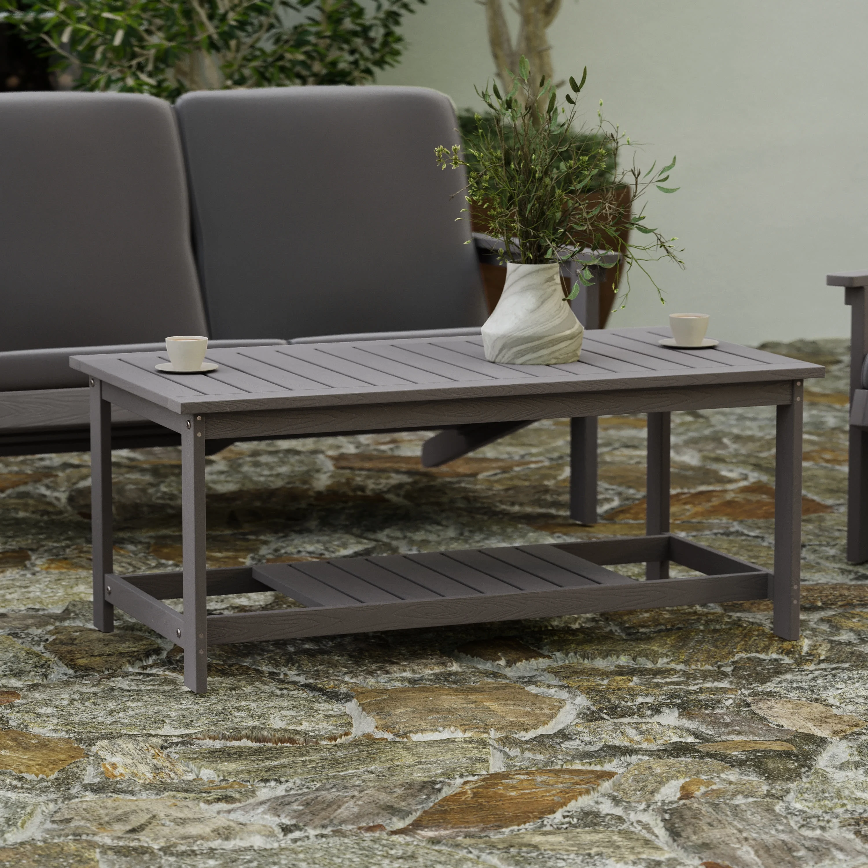 Merrick Lane All-Weather Poly Resin Wood Two Tiered Adirondack Slatted Coffee Conversation Table in Gray