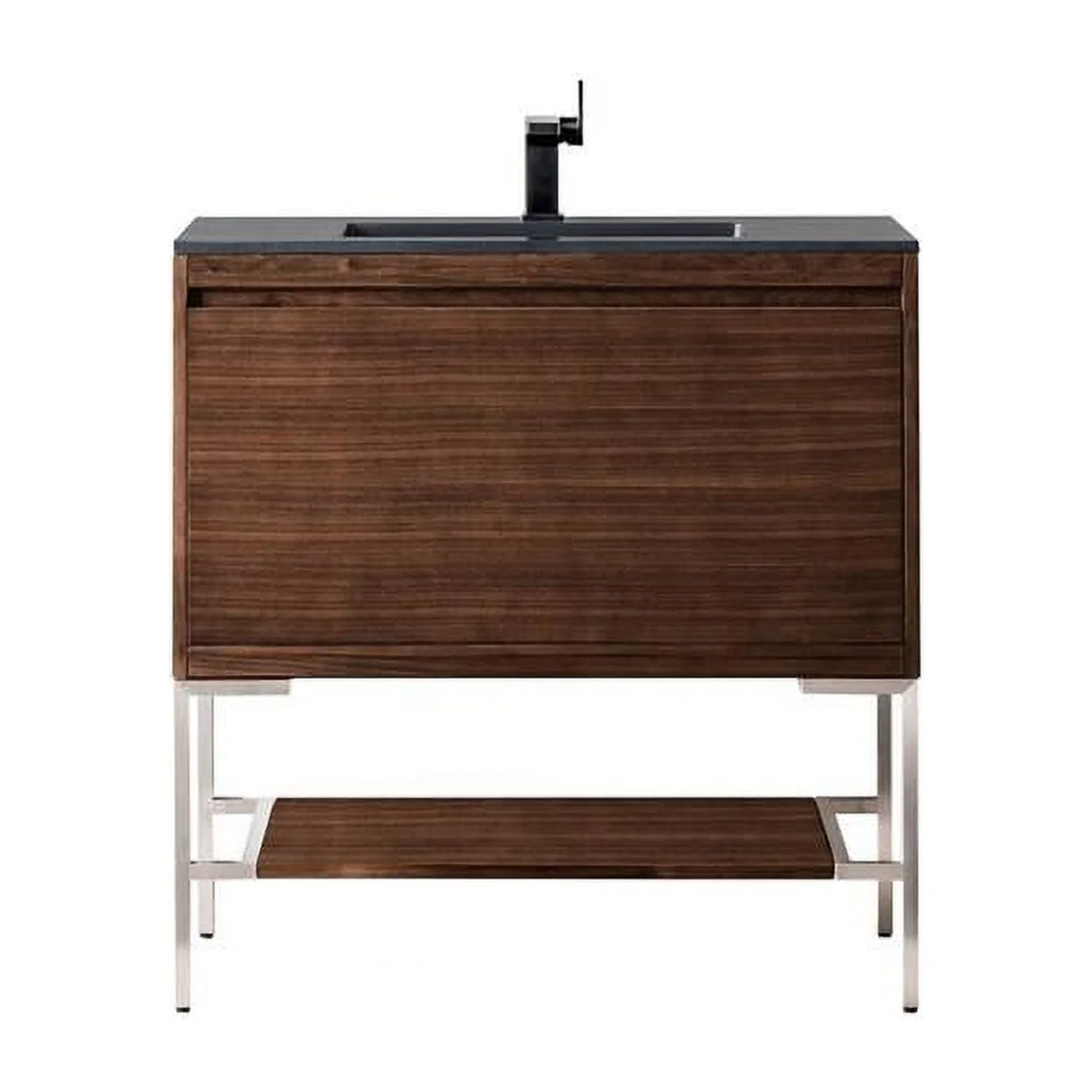 35.4 in. Milan Single Vanity Cabinet, Mid Century Walnut, Brushed Nickel with Charcoal Black Composite Top
