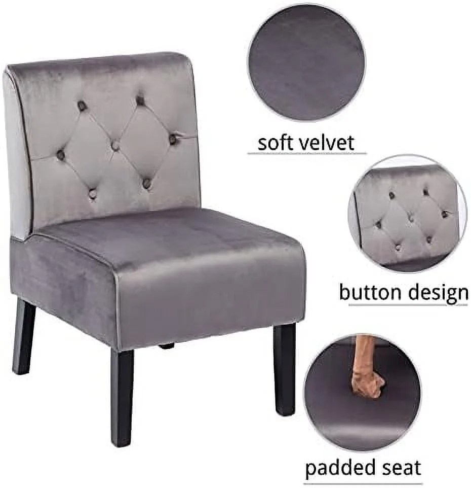 TJUNBOLIFE Velvet Fabric Accent Chair Armless Leisure Side Chair Cute Decorative Slipper Chair Small Tufted Single Sofa Chair for Living Room Bedroom Office Reading Room Nook (Grey)
