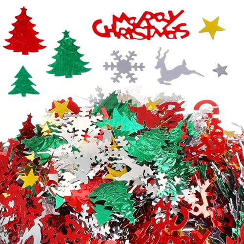 1lb Christmas Glitter Confetti, Christmas Table Confetti Decorations Mixed Embossed, Metallic Foil =red Green White Santa Xmas Tree Elk Snowflake for Winter Party Supplies