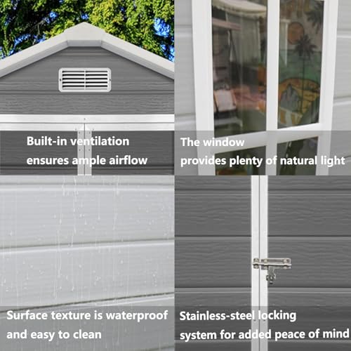 6x4 FT Outdoor Storage Resin Shed with Floor,Waterproof Plastic Garden Bike Shed with Lockable Door, Sloped Roof, Vents & Windows, Easy Assembly Tool Shed for Lawn, Backyard, Patio, Grey