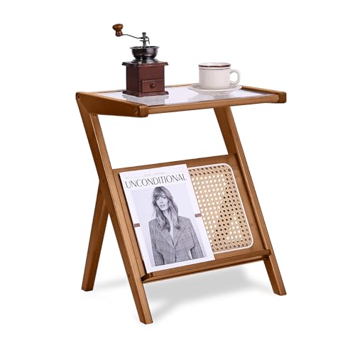 Tiita Bamboo Rattan Coffee Table with Wheels, Glass Top Rolling Nightstand, Boho Wooden End Table for Living Room, Bedroom & Small Space, Accent Furniture