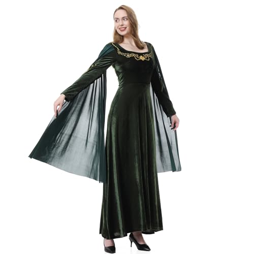 Colorful House Women Medieval Tea Party Dress Victorian Era Bubble Sleeves Velvet High Waist Long Dress with Belt and Gloves