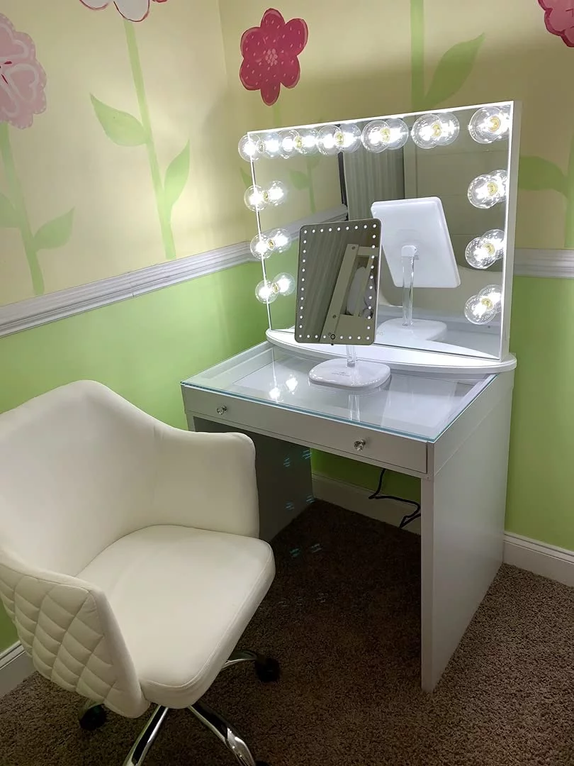 Impressions Vanity Coco Quilted Velvet Desk Chair with Wheels,Home Office Chair with Adjustable Height(White)