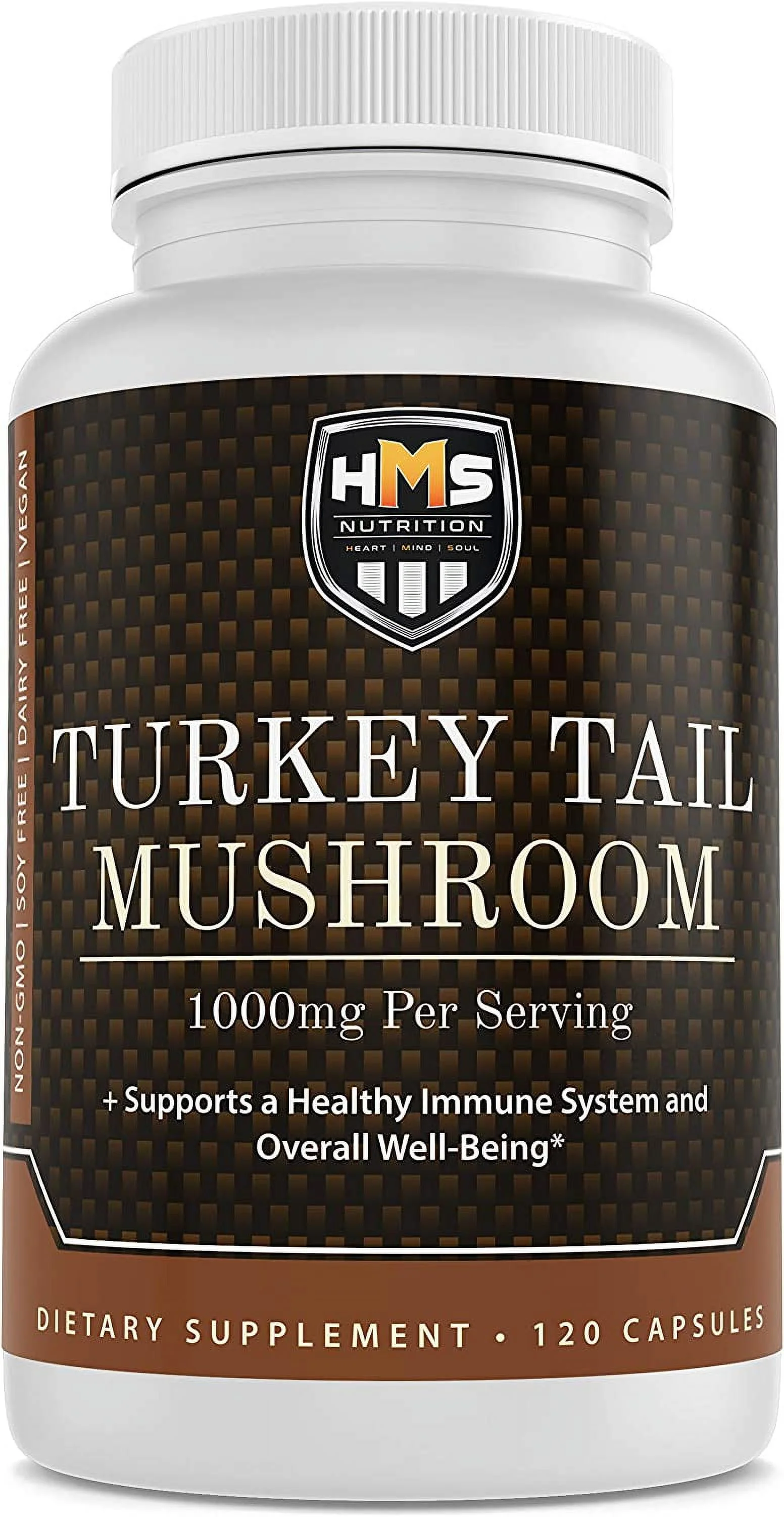 HMS Nutrition Turkey Tail Mushroom 120 Potent 1000mg Capsules Non-GMO Vegan Strong Antioxidant and Immune Support Abilities