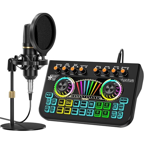 Podcast Microphone Bundle with Live Sound Card Audio Mixer, Podcast Equipment Bundle with 3.5mm Condenser Microphone for Pc/Phone Live Streaming Singing Gaming, Sound Board with Voice Changer, Denoise