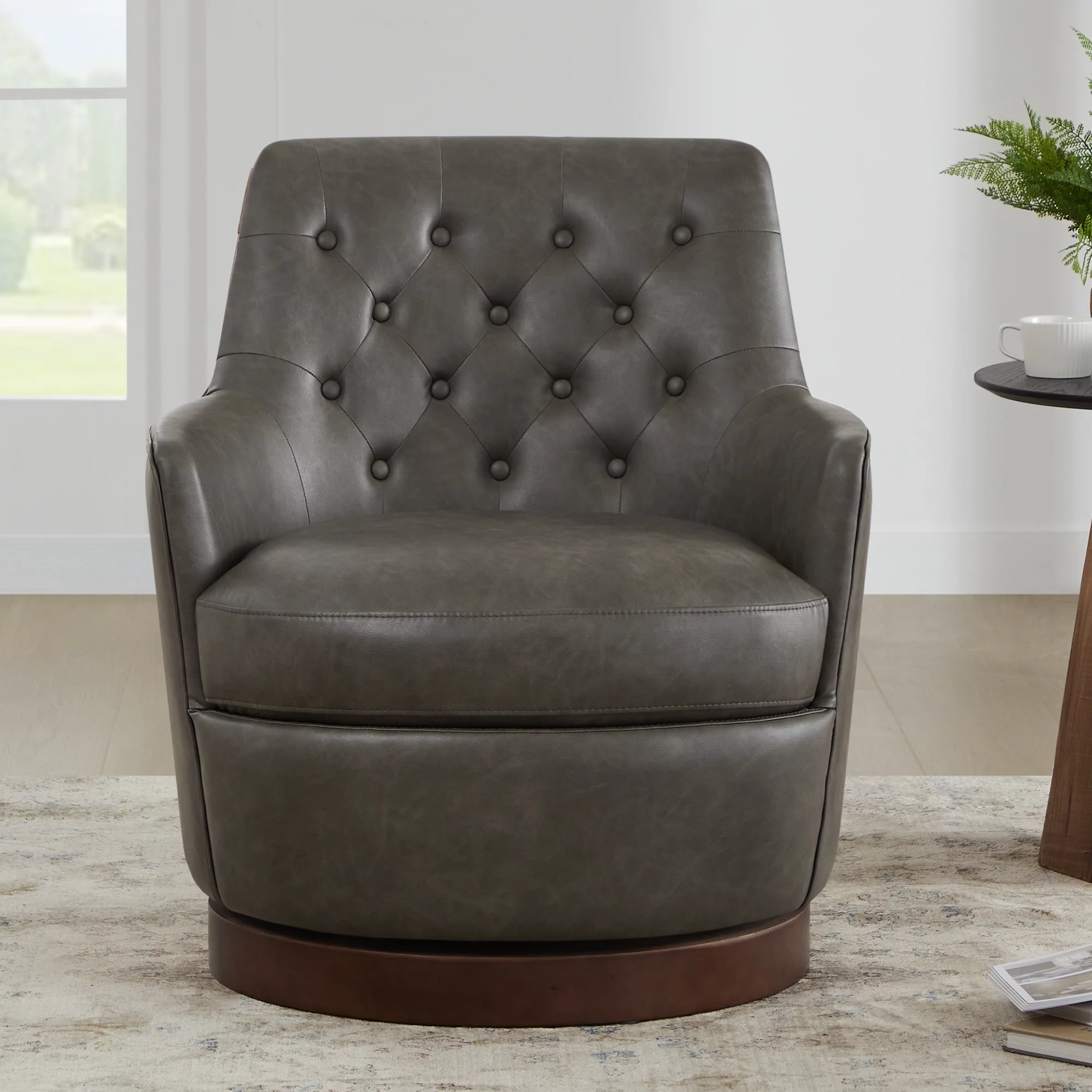 CHITA Swivel Barrel Accent Chair, Tufted Upholstered Arm Chair with Wood Base for Living Room Bedroom, Faux Leather in Dark Gray