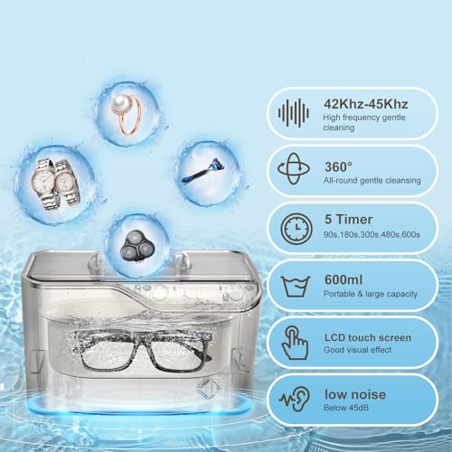 LifeBasis Ultrasonic Cleaner, Professional Ultrasonic Jewelry Cleaner 20 Ounces (600ML) with Digital Timer, Watch Holder Ultrasonic Glasses Cleaner for Rings, Coins, Watches, Dentures, Silver