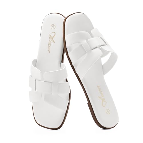 Athlefit Women's Flat Sandals Dressy Summer Square Open Toe Slip On Leather Slide Sandals