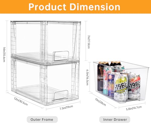 4Pack Large Stackable Kitchen Storage Drawers, Clear Foods Organizer Bins with Handles, Easily Assemble for Bathroom, Kitchen, Pantry, Cabinet, Closet(XL-UP Handle)