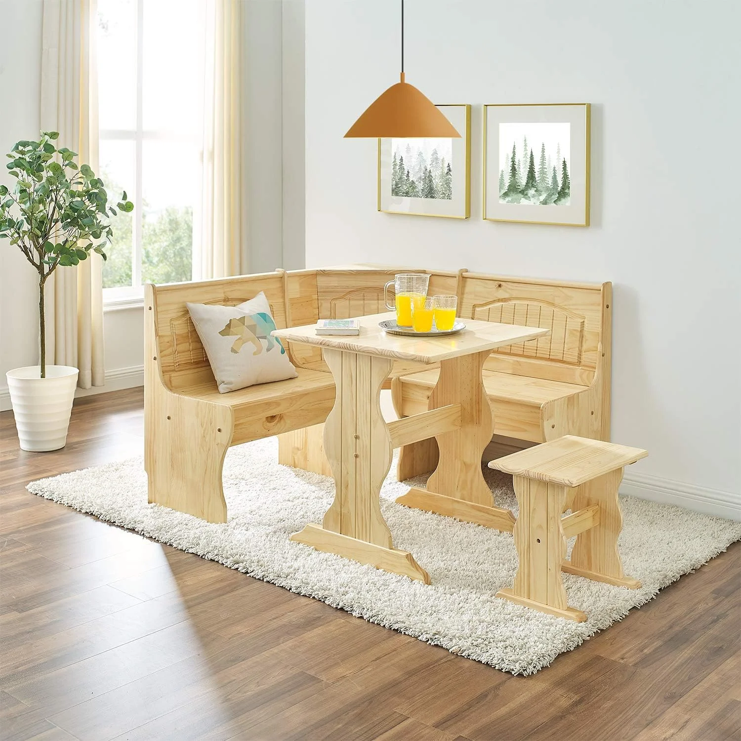 Traditional 3 Piece Solid Wood Breakfast Nook Dining Table Set With Side Bench, Hidden Storage Nook Table Set For Small Space, Corner Dining Set In Nature Color