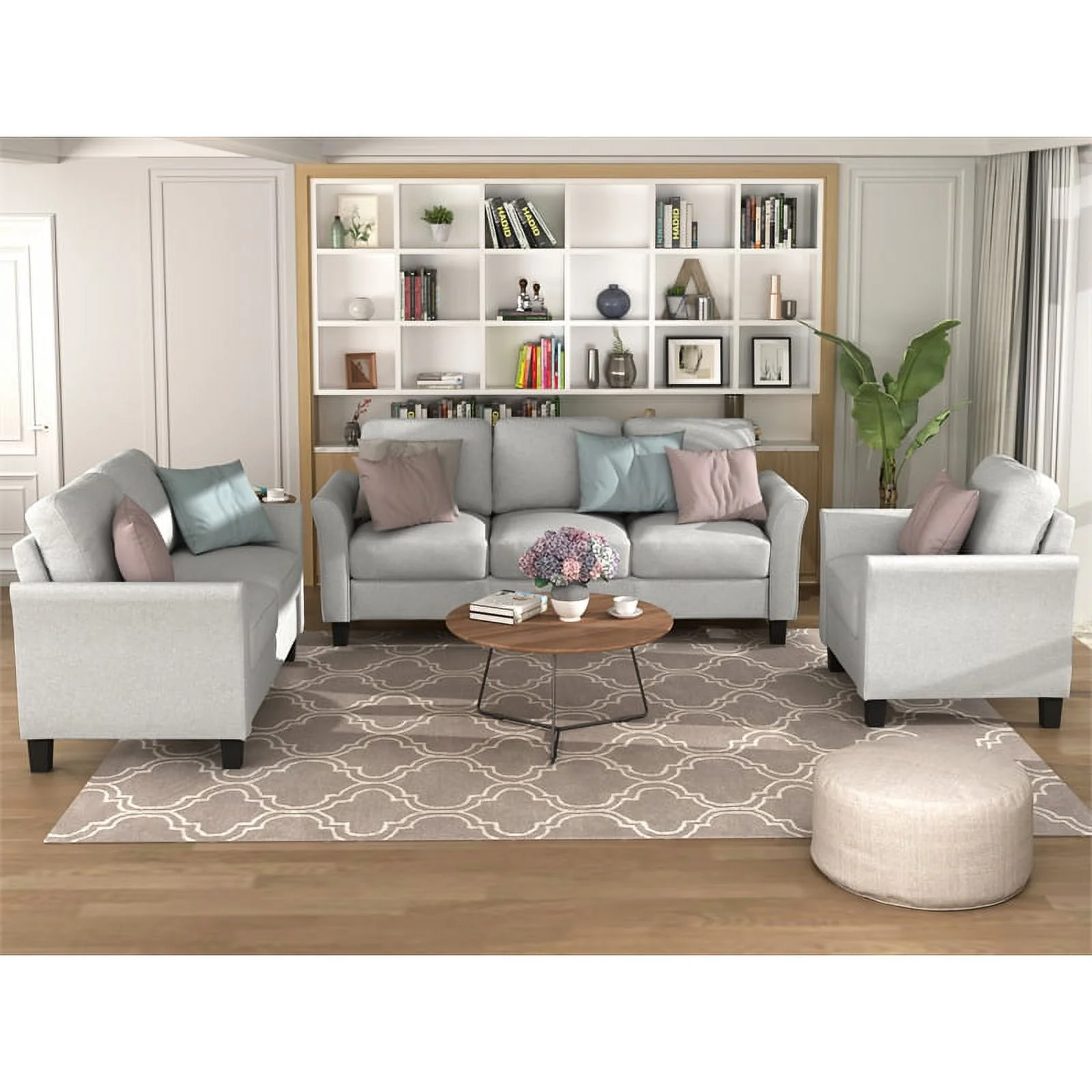 CRO Decor 3 Piece Sectional Sofa Set Living Room Fabric Furniture (Light Gray)