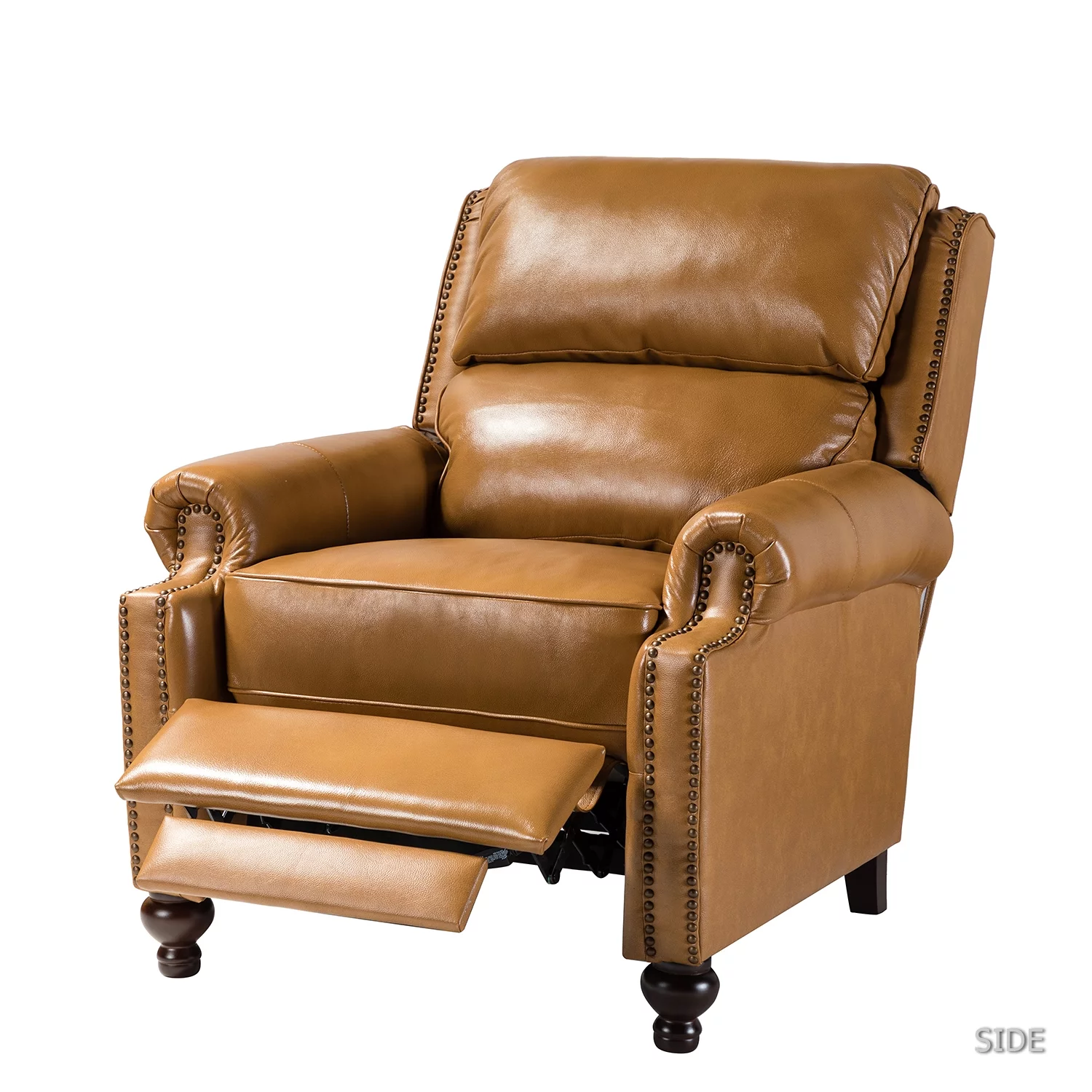 Genuine Leather Recliner Chair Mid-century Modern Wood Legs Nailhead Trim Armchair Living Room Office Camel