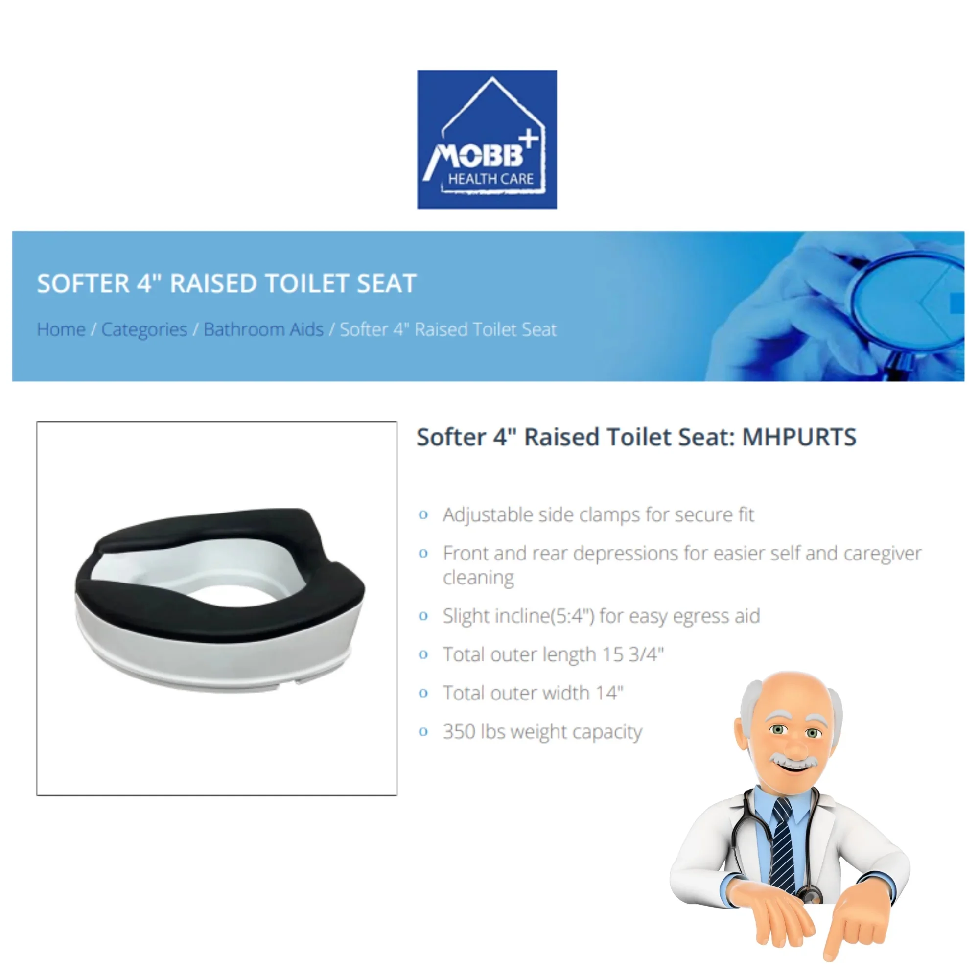 MOBB Healthcare 4-inch Raised Toilet Seat - Softer Black Padded, Easy Clean, 350lb, Adjustable White